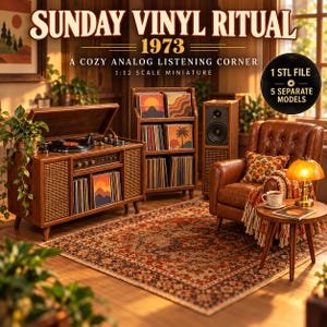 Könnte beinhalten: Ein Miniatur-Set im Maßstab 1:12 mit der Aufschrift SUNDAY VINYL RITUAL 1973 A COZY ANALOG LISTENING CORNER. Es enthält eine Schallplattenkonsole aus Holz, ein Plattenregal, einen Lautsprecher, einen Ledersessel und einen Beistelltisch.