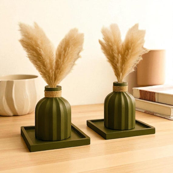 Earthy Green Mini Vase Set – Rustic Jute Wrapped Stone Vases