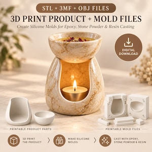 May include: A digital download for 3D print product and mold files featuring a marble-patterned oil burner with a lit tea light candle. Includes STL, 3MF, and OBJ files to create silicone molds for epoxy, stone powder, and resin casting projects.
