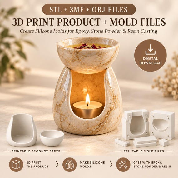 3D Print Wax Melt Burner + Mold Files, Digital Download (STL, 3MF, OBJ)