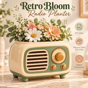Peut inclure: Un pot de fleurs en forme de radio crème et vert sauge rempli de fleurs blanches, roses et pêche. Le texte indique Retro Bloom Radio Planter. Des icônes indiquent que des fichiers STL, des moules en silicone et un téléchargement sont inclus.