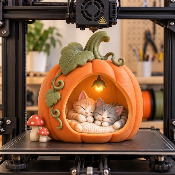 Pumpkin Cat Cottage 3D Print File, Fall Decor, Cottagecore (Digital Download)