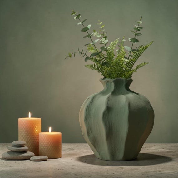 Large Stone Vase Decor, Modern Japandi Green Vase, Handmade Concrete Style