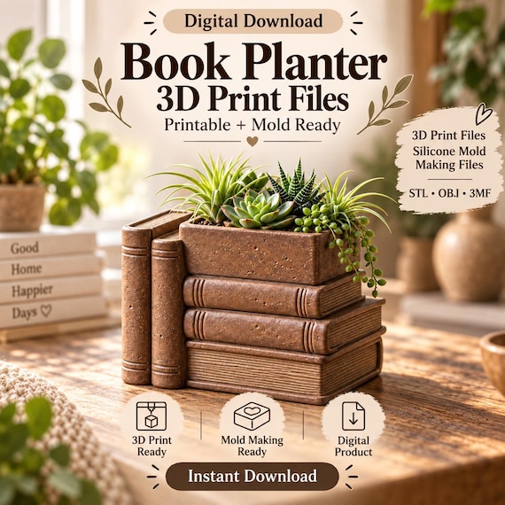 Book Planter 3D Print Files, STL OBJ 3MF + Silicone Mold Making Files