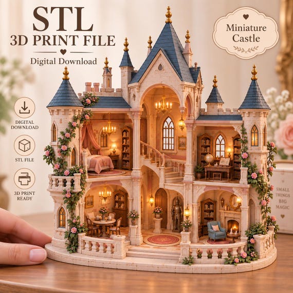 Miniature Gothic Castle STL, Dollhouse 3D Print File, Fairy Tale Castle Diorama, Fantasy Architecture