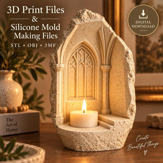 Gothic Arch Candle Holder 3D Print & Silicone Mold Files, STL OBJ 3MF