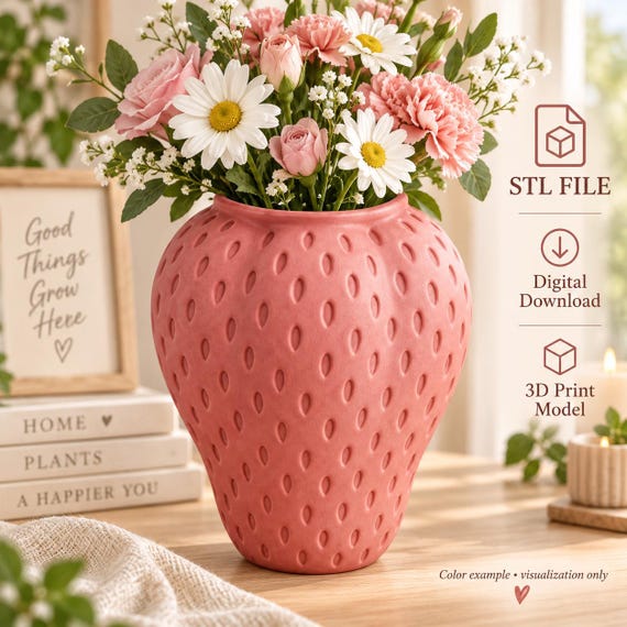 Strawberry Vase STL, 3D Printable Flower Vase, Cottagecore Home Decor (Digital Download)