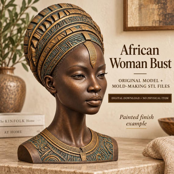 African Woman Bust STL Bundle: Original Sculpture & Silicone Mold Box 3D Print Files