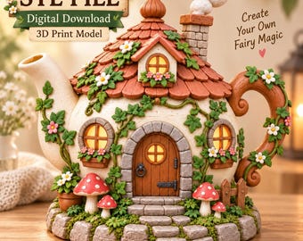 May include: A 3D print model digital download featuring a teapot-shaped house with a red shingled roof, a stone-arched door, glowing windows, climbing vines, and red-and-white spotted mushrooms. Text reads: STL FILE Digital Download 3D Print Model.