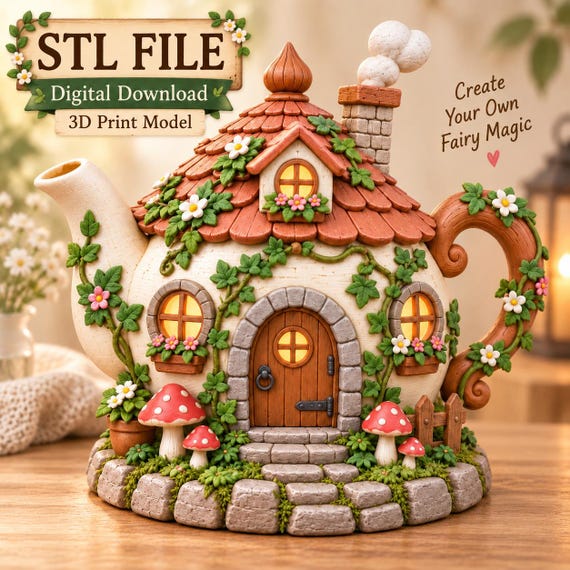 Teapot Fairy House STL, Whimsical Cottage 3D Print File, Cottagecore Fairy Garden Decor, Fantasy
