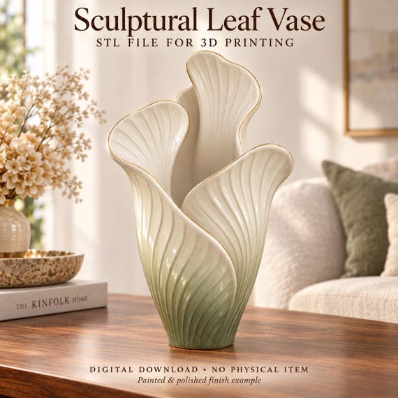 Leaf Vase STL File for 3D Printing, Sculptural Petal Design, Digital Download