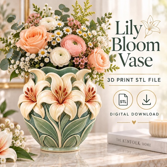 Lily Flower Vase STL, Botanical Relief Vase 3D Print File, Floral Home Decor