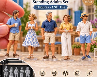 May include: A 1:12 scale set of five standing adult figures for 3D printing, titled Seaside Family Life. The set includes one STL file for five detailed, painted miniature people in casual summer clothing, shown alongside a 3D printer output.