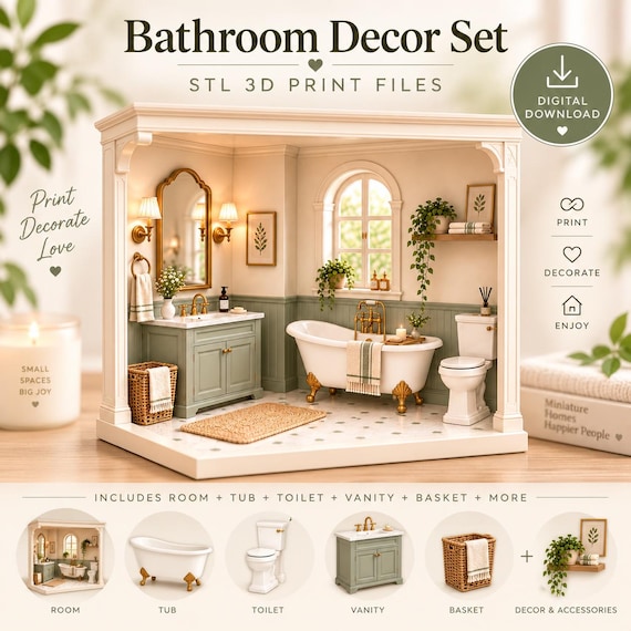 Sage Cottage Bathroom 3D Print Bundle, Dollhouse Room Box Set (Digital Download)