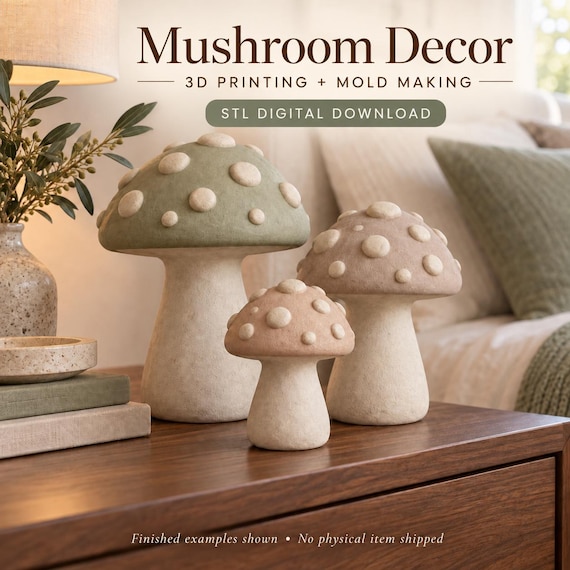 Mushroom Trio STL Files, 3 Decorative Mushrooms and Silicone Mold Making Set, Cottagecore Decor