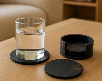 Black Gold Marble Coasters – Handmade Concrete Drink Set (4-Pack)
