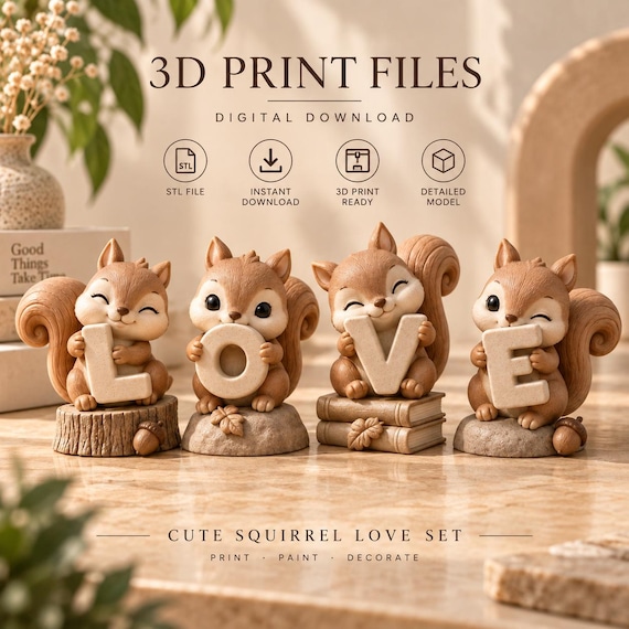 Squirrel LOVE Set, 3D Printable Figurines, Valentine Decor (Digital Download)