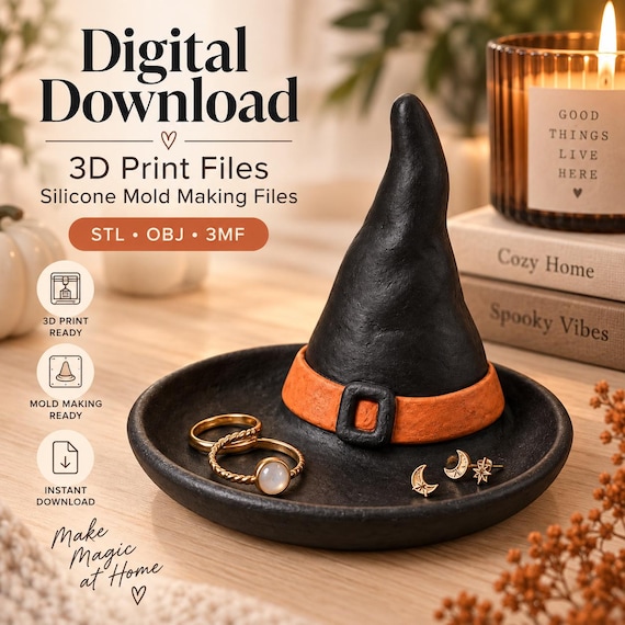 Witch Hat Jewelry Dish 3D Print Files, Silicone Mold Making STL OBJ 3MF