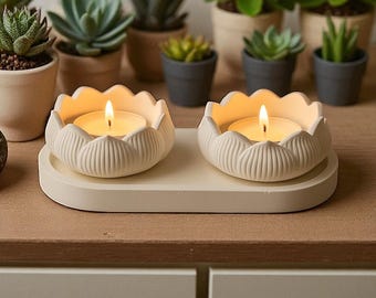 White Stone Lotus Candle Holders: Serene Home Decor Set