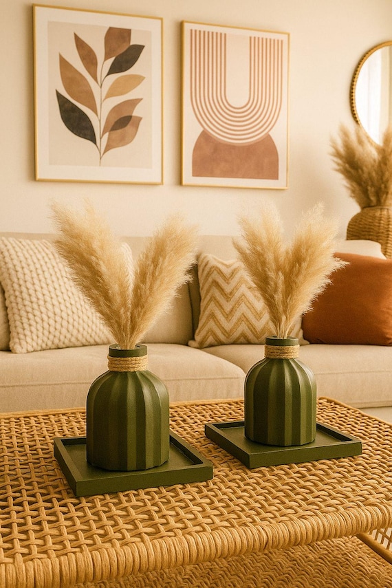 Earthy Green Mini Vase Set – Rustic Jute Wrapped Stone Vases