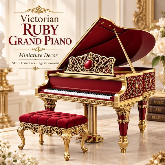 Victorian Grand Piano STL, Miniature Piano & Bench, Dollhouse Furniture 3D Print File