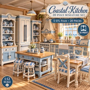 May include: A 1:12 scale miniature kitchen set titled Coastal Kitchen 20 Piece Miniature Set, featuring 5 STL files for 3D printing. The set includes blue and white cabinets, a kitchen island, dining chairs, and various dishware with shell motifs.