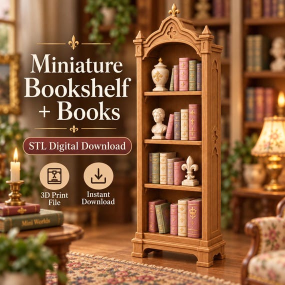 Gothic Miniature Bookcase STL, Dollhouse Bookshelf and Books 3D Print Files