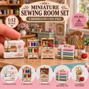 May include: A miniature sewing room set featuring five 1:12 scale models: a sewing machine, a thread rack, a sewing box, a stack of fabric with a measuring tape, and a container with scissors and a pin cushion, all decorated with floral motifs.
