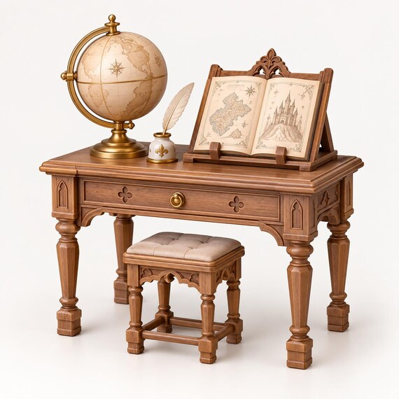 Miniature Study Desk Set STL, Dollhouse Office Furniture 3D Print File