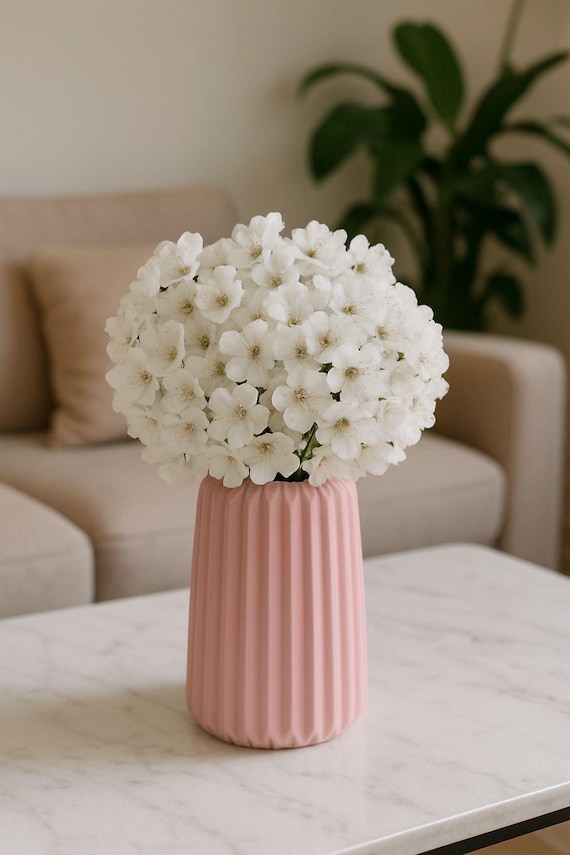 Blush Pink Ribbed Vase – Minimalist Scandinavian Home Decor