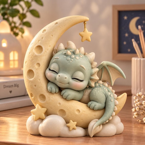 Sleeping Baby Dragon on Moon STL, 3D Printable Figurine, Nursery Decor Digital Download