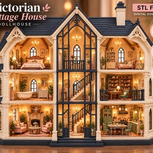 May include: A three-story Victorian cottage dollhouse with a dark blue roof and cream-colored walls. The interior features multiple furnished rooms including a bedroom, bathroom, library, living room, and kitchen, all illuminated with warm lighting.