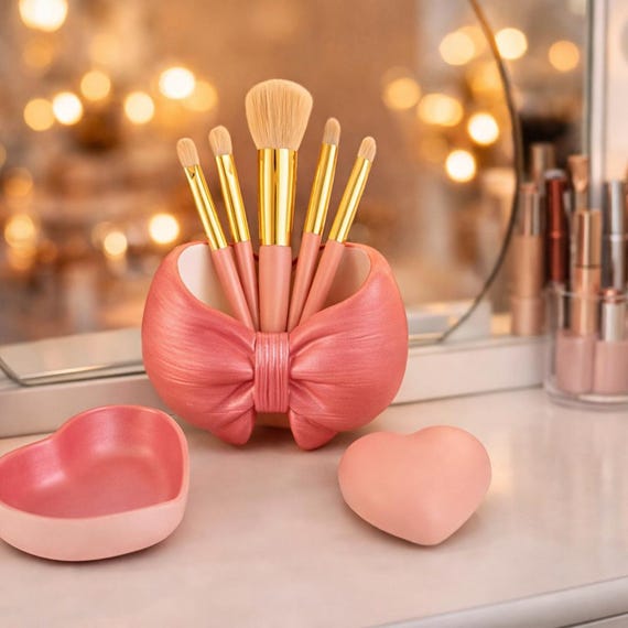 Pink Bow & Heart Trinket Dish Set- Handmade Girly Vanity Organizer - Pastel Desk Decor