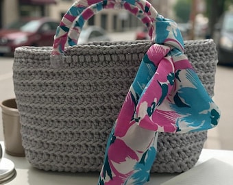 Taupe Crochet Bag – Boho Tote with Scarf Handle