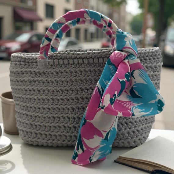 Taupe Crochet Bag – Boho Tote with Scarf Handle