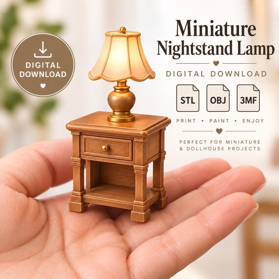 Miniature Nightstand Lamp STL, Dollhouse Furniture 3D Print File, OBJ 3MF