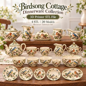 Puede incluir: Una colección digital de archivos STL para impresora 3D titulada Birdsong Cottage Dinnerware Collection, que incluye 4 archivos STL y 20 modelos de vajilla en miniatura decorados con aves coloridas y motivos florales sobre cerámica crema.