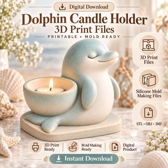 Dolphin Candle Holder 3D Print Files + Silicone Mold Making Files STL OBJ 3MF