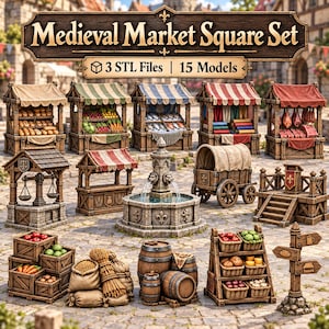 Op de afbeelding: Een verzameling van 15 digitale 3D-modellen genaamd Medieval Market Square Set, met houten marktkramen met stoffen luifels, een stenen fontein met leeuwenkoppen, een houten kar, kratten met producten, vaten en een houten wegwijzer.