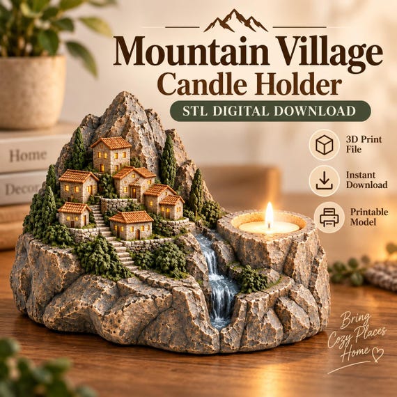 Mountain Village Tea Light Holder STL, Miniature Diorama 3D Print File, Rock Village Decor