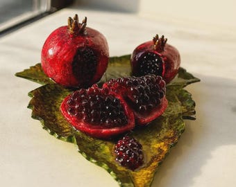 Pomegranate Sculpture – Red Fruit Decor with Leaf Base