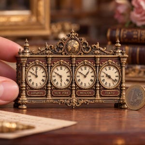Puede incluir: Un reloj de escritorio rectangular en miniatura con cuatro esferas circulares con números romanos, etiquetadas como London, New York, Moscow y Tokyo. El marco es ornamentado, de tono bronce metálico y rematado con un globo.