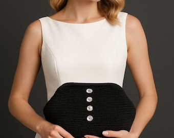Handmade Black Evening Clutch – Elegant Knit Purse with Crystal Buttons
