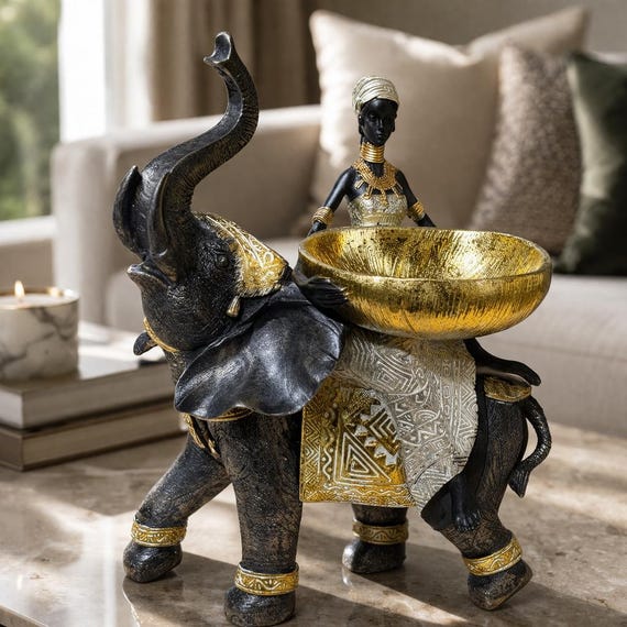 Black Gold Elephant Figurine Bowl, African Ethnic Luxury Home Accent