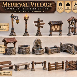 Può includere: Una collezione di 15 modelli in miniatura stampati in 3D etichettati come Medieval Village Complete Street Set. Il set include arredi stradali, strutture del villaggio e mobili come un lampione, una torcia, un cartello, una bacheca, una campana, un pozzo, una fontana e un ponte.