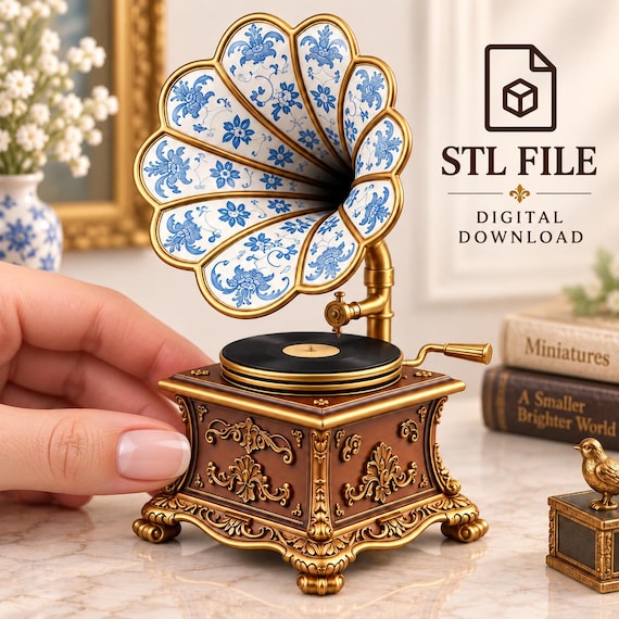 Miniature Gramophone STL, Victorian Phonograph 3D Print File, Dollhouse Decor Digital Download