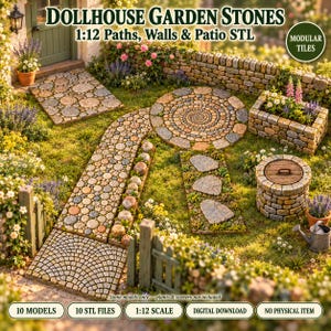 May include: Digital 1:12 scale dollhouse garden stones including paths, walls, and patio STL files. The set features 10 modular tile models for miniature landscaping, including circular and rectangular stone patterns and a stone well.