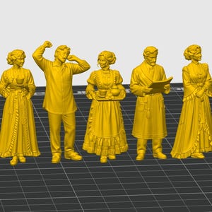 May include: A set of five yellow monochromatic miniature figurines depicting people in various poses. The figures include individuals in long dresses, a person in a button-down shirt with arms raised, and a person in a robe holding a document.
