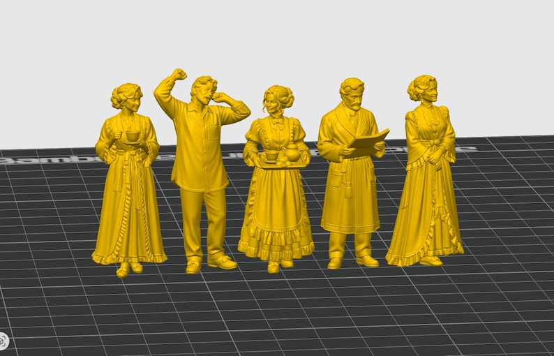 May include: A set of five yellow monochromatic miniature figurines depicting people in various poses. The figures include individuals in long dresses, a person in a button-down shirt with arms raised, and a person in a robe holding a document.