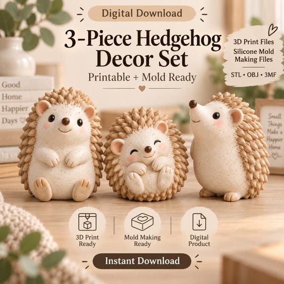 Hedgehog Figurine STL Bundle, 3D Print + Silicone Mold Making Files, OBJ 3MF